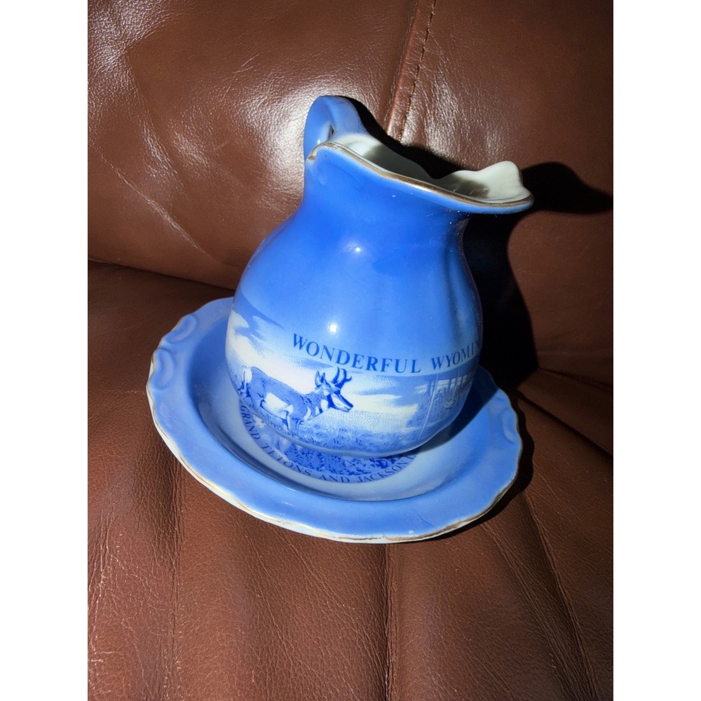 Vintage Wonderful Wyoming Souvenir Pitcher and Basin Set Blue White Japan